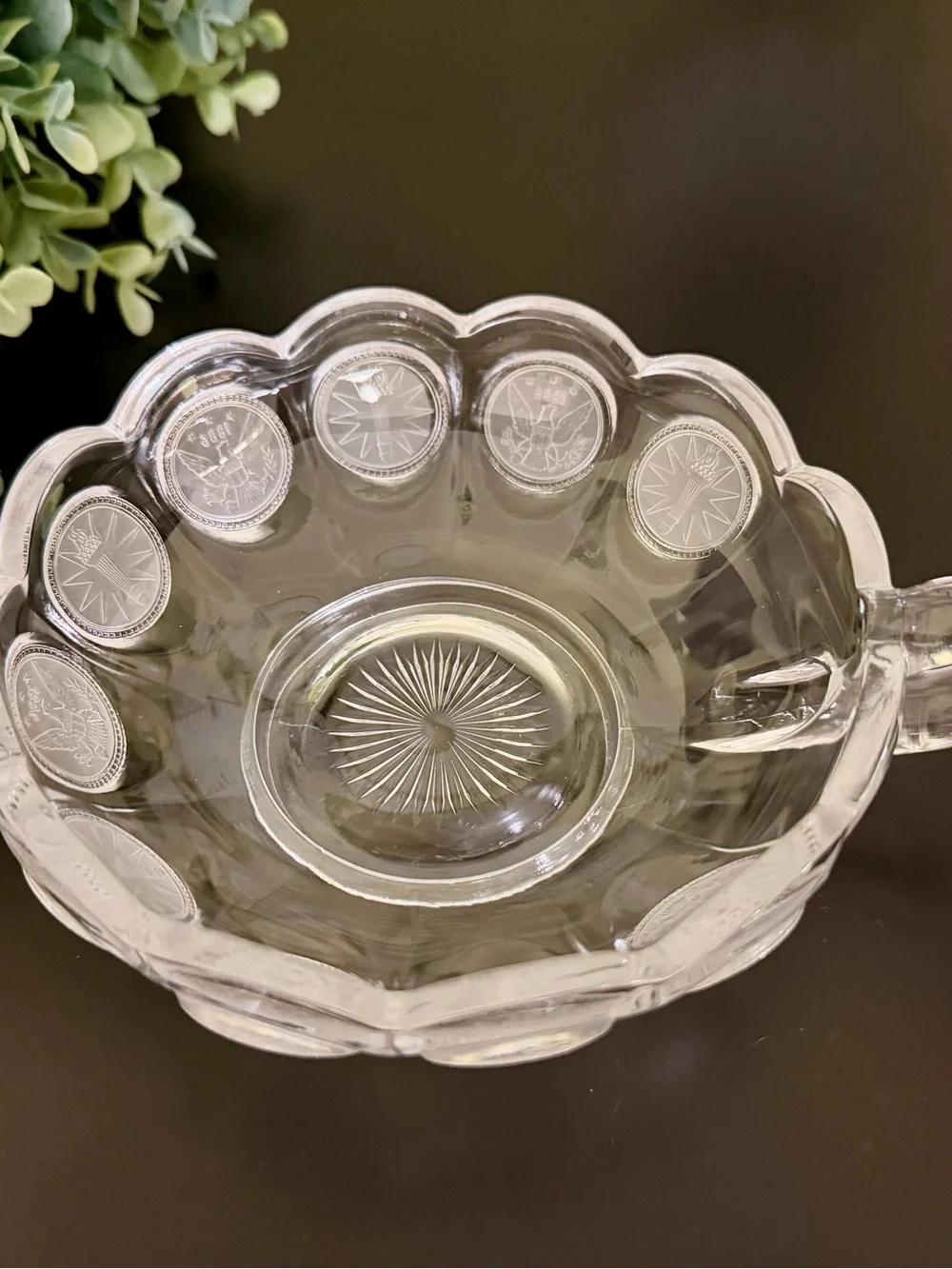 FOSTORIA, COIN GLASS, NAPPY BOWL WITH A FROSTED, PRESSED GLASS COIN MOTIF